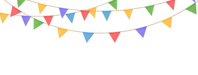 Flag triangle garland banner. Birthday party decor. Welcome bunting background. Fair fest event. Happy Holiday carnival. Festive celebration card. Anniversary invitation. Surprise.Vector illustration.