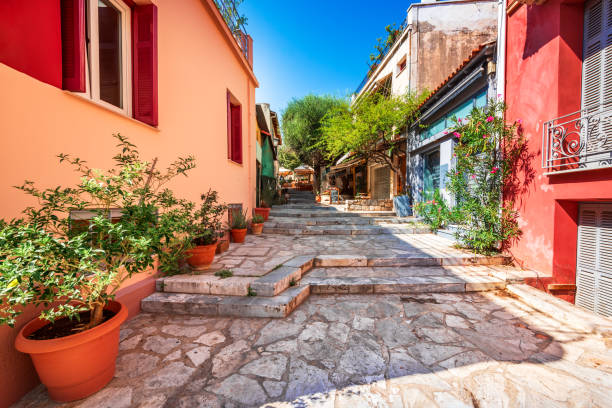 Athens, Greece - Plaka old street, Monastiraki medieval district of the city. stock photo