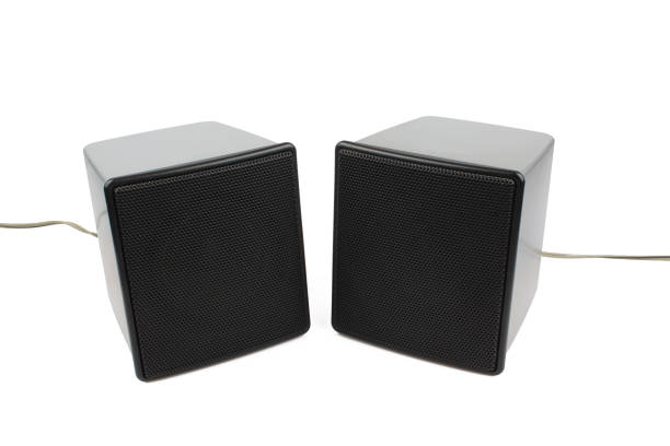 istock Small silver pc speakers with cables isolated on white background 1409174909
