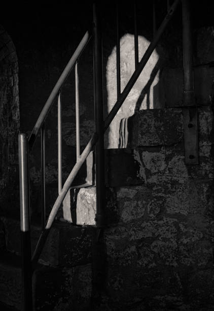 istock Stone steps with shadowy handrail in black & white 1409175618