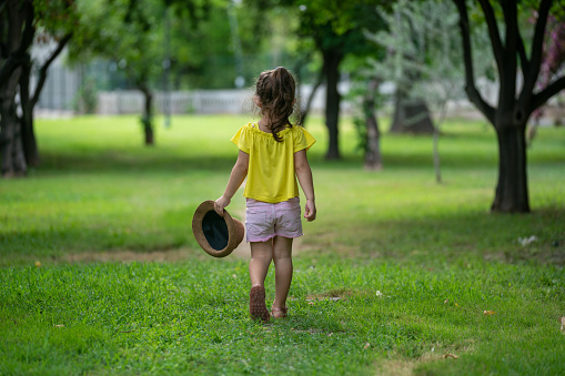 Rear photo of 3,5 years old girl wearing a yellow blouse walking on green grasses in public park. Shot under daylight with a full frame mirrorless camera.