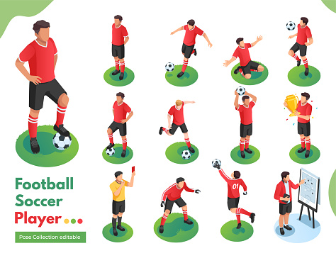 Football soccer isometric people icons collection with isolated human characters of players in uniform with ball vector illustration