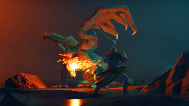Fire breathing dragon attacks knight who is inside a dark dungeon. The knight is ready to fight back with a sword.