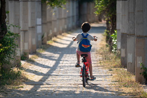Photo of 9 years old schoolboy riding bike in public park. He is wearing a striped t-shirt and a short. Shot under daylight with a full frame mirrorless camera.
