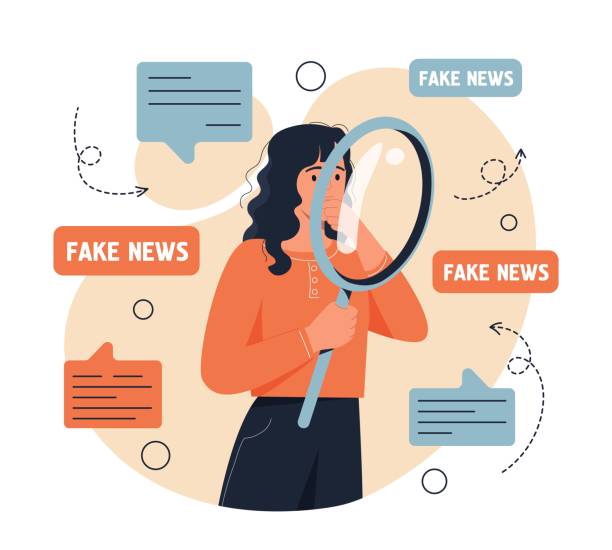 Spreading fake news concept Spreading fake news concept. Young woman with magnifying glass analyzes untruth information and lies on Internet. Hoax on social networks and websites. Cartoon contemporary flat vector illustration fake news stock illustrations