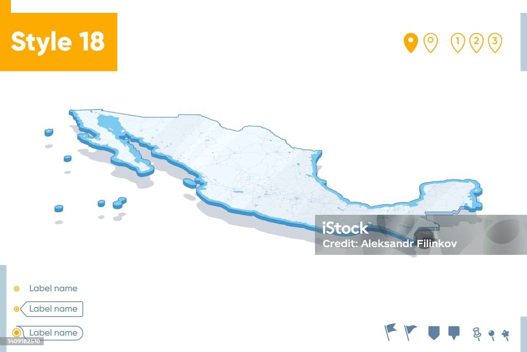 Mexico 3d Map On White Background With Water And Roads Vector Map With