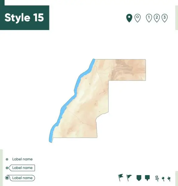 Vector illustration of Sahara Occidental - map with shaded relief, land cover, rivers, lakes, mountains. Biome map.