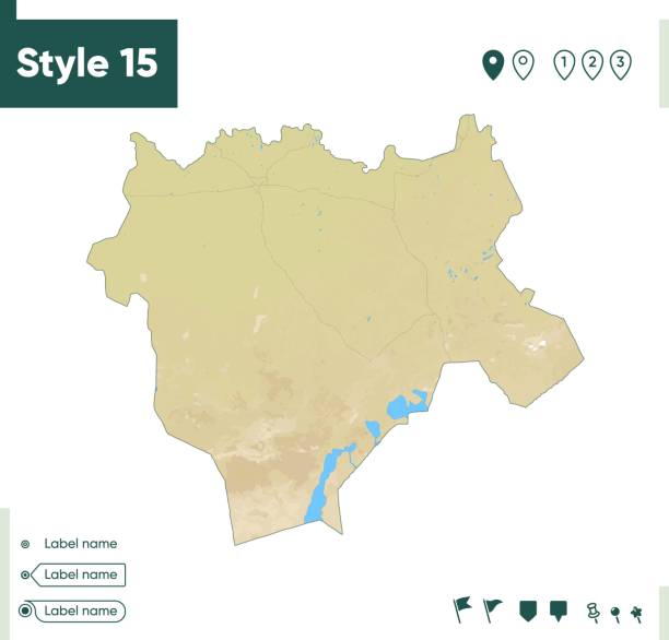istock Aktobe, Kazakhstan - map with shaded relief, land cover, rivers, lakes, mountains. Biome map. 1409183169