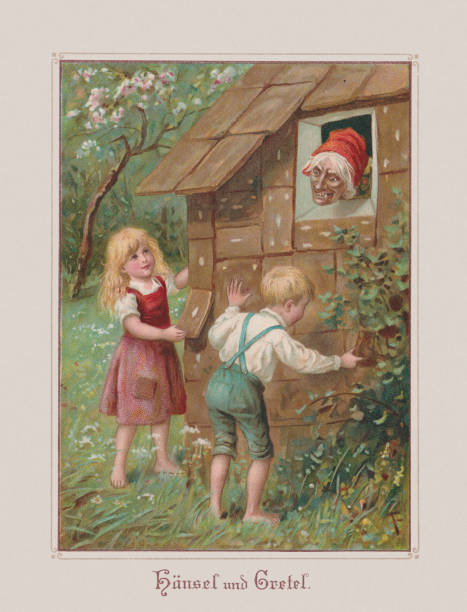 Hansel and Gretel (Grimms' Fairy Tales), chromolithograph, published ca. 1898 Hansel and Gretel (German: Hänsel und Gretel). Fairy tale by the Brothers Grimm. Chromolithograph after a drawing by Jenny Nyström (Swedish painter, 1854 - 1946), published ca. 1898. brothers grimm stock illustrations