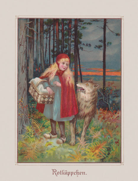 Little Red Riding Hood (Grimms' Fairy Tales), chromolithograph, published ca.1898 Little Red Riding Hood (German: Rotkäppchen). European fairy tale by the Brothers Grimm and Charles Perrault. Chromolithograph after a drawing by Jenny Nyström (Swedish painter, 1854 - 1946), published ca. 1898. brothers grimm stock illustrations