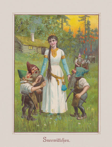 Snow White (Grimms' Fairy Tales), chromolithograph, published ca.1898 Snow White (German: Schneewittchen). Fairy tale by the Brothers Grimm.
Chromolithograph after a drawing by Jenny Nyström (Swedish painter, 1854 - 1946), published ca. 1898. brothers grimm stock illustrations