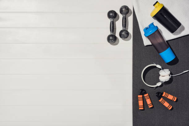 istock Fitness or exercising at home concept, top view with copy space background 1409185194