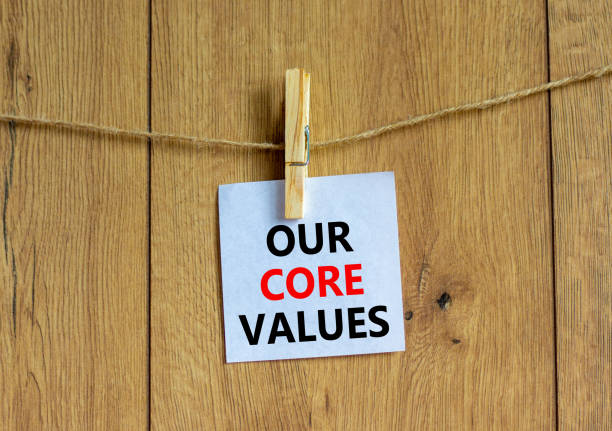 istock Our core values symbol. White paper with words 'Our core values', clip on wooden clothespin. Beautiful wooden background. Business and our core values concept. Copy space. 1409185376