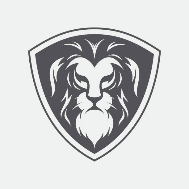 방패가있는 사자 머리 로고 디자인 벡터 템플릿 - lion king stock illustrations