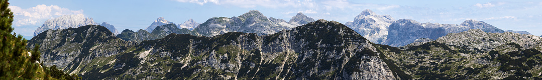 anorama of Julian Alps with mount Triglav on the Center Right of the Photograph