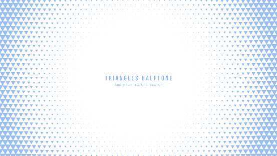 Triangles Halftone Geometric Pattern Vector Circular Border White Blue Abstract Background. Faded Checkered Triangle Particles Subtle Texture. Half Tone Art Graphic Minimalist Pure Blue Wide Wallpaper