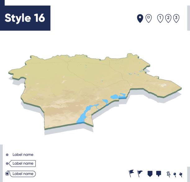 istock Aktobe, Kazakhstan - map with shaded relief, land cover, rivers, mountains. Biome map with shadow. 1409191401