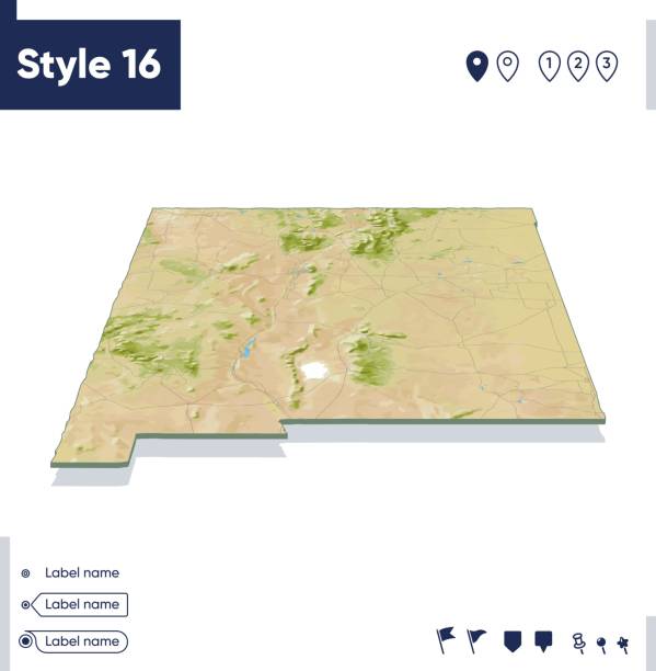 New Mexico, USA - map with shaded relief, land cover, rivers, mountains. Biome map with shadow. New Mexico, USA - map with shaded relief, land cover, rivers, lakes and mountains. Biome map with shadow. Vector template for website, design, cover, infographics. Vector map. new mexico landscape stock illustrations