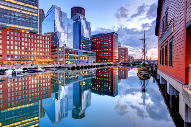 Boston Seaport District from Fort Point Boston is known for its central role in American history, world-class educational institutions, cultural facilities, and champion sports franchises boston harbor stock pictures, royalty-free photos & images
