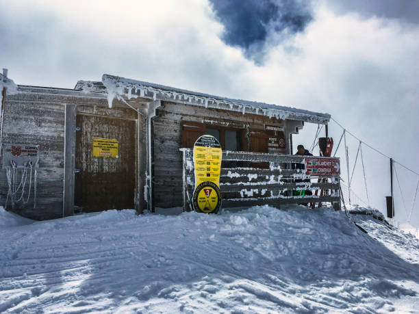 La Clusaz, France - April 27, 2016: High on the mountain a hut or cabin for rescue purposes in a ski area