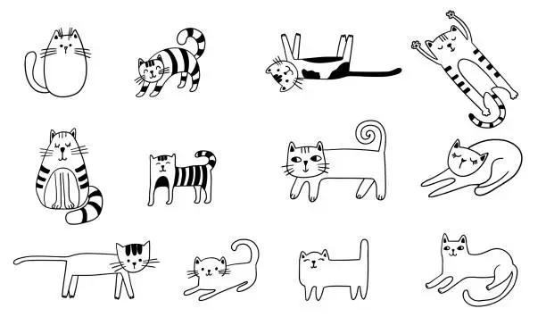 Vector illustration of Pretty cat set. Funny kitten linear sketches. Vector cats illustration for print, stickers, printing on T-shirts