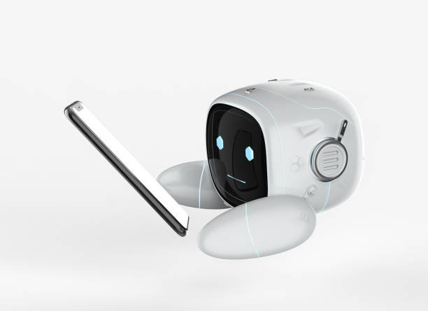 istock Cute assistant artificial intelligence robot no leg with mobile phone 1409193793