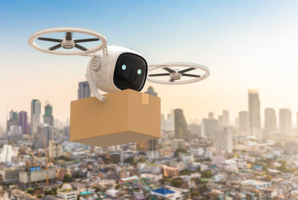 istock Delivery drone flying with cardboard box 1409193794