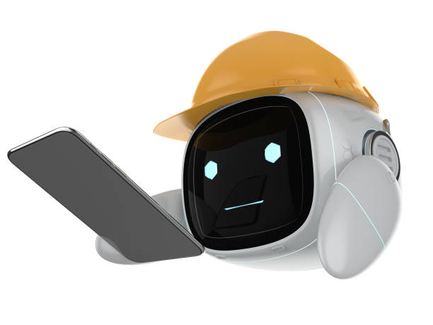 istock Engineer robot with yellow helmet and tablet 1409193883