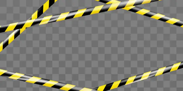 Vector illustration of Realistic striped crossing caution tape of warning signs for crime scene or construction area in yellow. Police line, do not cross ribbon. Warning danger tape. Ribbons for accident, under construction