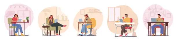 Vector illustration of Set Men and Women Freelancers Characters Working from Home on Computers and Drink Coffee. Remote Workplace, Homeworking