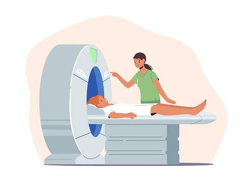 Medical Health Care. Woman Patient Lying on Mri Scan Machine with Doctor Standing Next to Her. Magnetic Resonance Imaging Digital Technology in Medicine Diagnostic. Cartoon People Vector Illustration