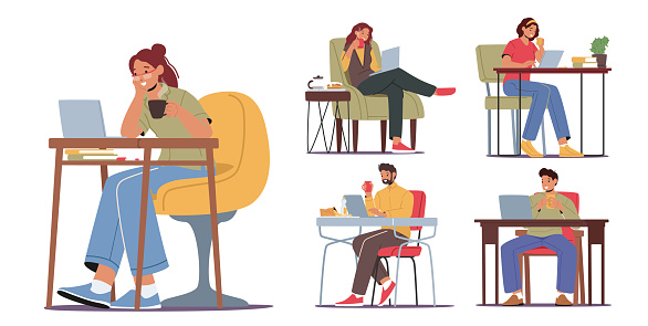 Set of Freelancers Working from Home on Computers and Drink Coffee. Outsourced Workers Characters Remote Occupation, Men and Women Homeworking, Freelance Concept. Cartoon People Vector Illustration