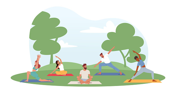 People Doing Exercises in Park. Male and Female Characters Outdoor Yoga Activity Concept. Fitness, Workout in Different Poses, Stretching, Healthy Lifestyle, Leisure. Cartoon Vector Illustration