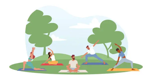 Vector illustration of People Doing Exercises in Park. Male and Female Characters Outdoor Yoga Activity. Fitness, Workout in Different Poses