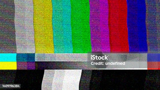 istock Color bars on a TV monitor with bad interference, glitch and noisy stripes.  Television signal error, flickering test screen background. Digitally generated image. 1409196384