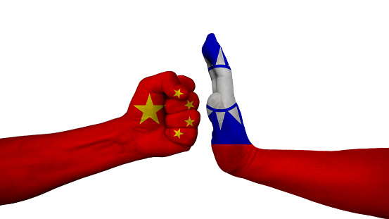 China vs Taiwan. Taiwan tries to stop China's expansions for economic reasons. On the white background