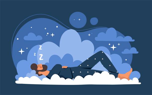 Peaceful sleep concept Peaceful sleep concept. Man lies on clouds, metaphor for comfortable bed. Comfort and cosiness in apartment. Rest and recuperation. Fantasy and imagination, dreams. Cartoon flat vector illustration sleep stock illustrations