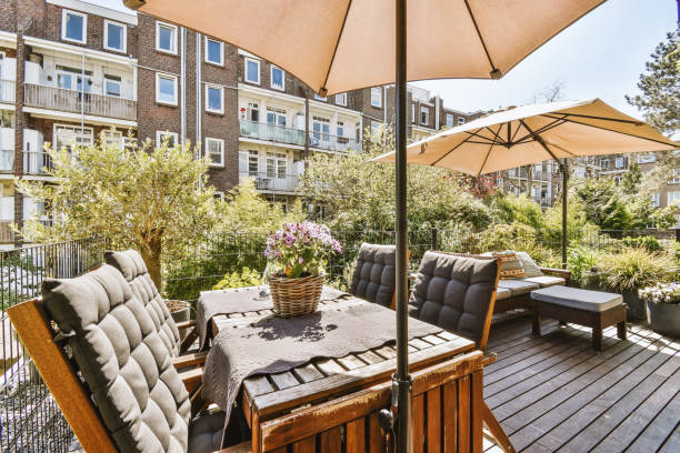 istock Lounge area wooden canopy in cozy balcony 1409199235