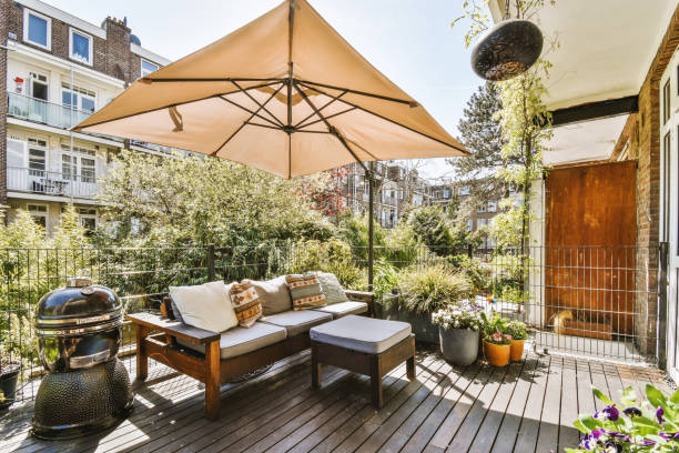 istock Lounge area wooden canopy in cozy balcony 1409199237