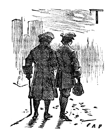 The back side, in shadows, of two colonial American men with tricornered hats. Illustration published in 1899. Original edition is from my own archives. Copyright has expired and is in Public Domain.