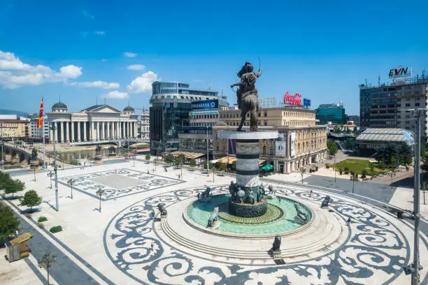 Alexander the Great Makedonski monument and the view of the Macedonian Square in Skopje, North Macedonia
