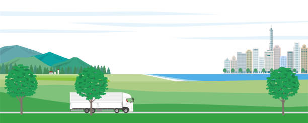 illustrations, cliparts, dessins animés et icônes de paysage avec des arbres en bordure de route et un grand camion. illustration - vehicle seat illustrations