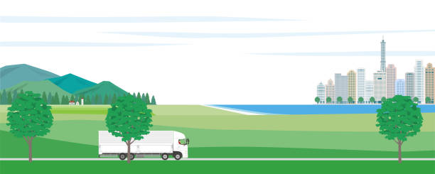 пейзаж с придорожными деревьями и большим грузовиком. иллюстрация - vehicle seat illustrations stock illustrations