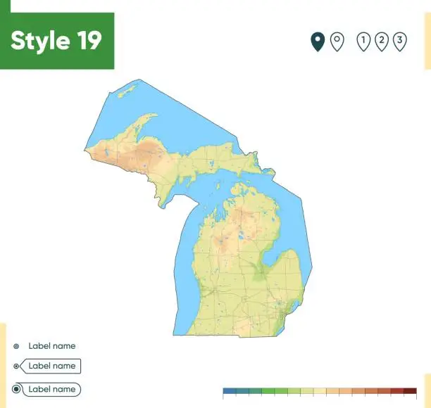 Vector illustration of Michigan, USA - high detailed physical map. Vector map. Dem map.