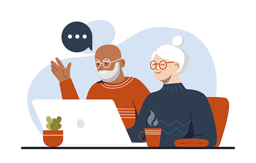 Seniors using gadget. Grandparents at laptop, elderly family mastering modern technologies and devices. Training and selfdevelopment. Old couple chatting on internet. Cartoon flat vector illustration