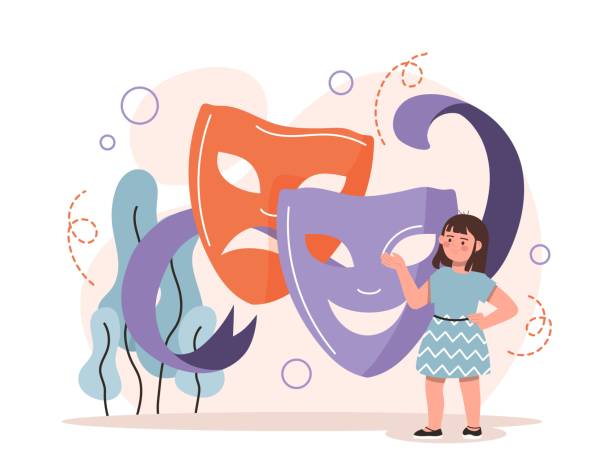 Theater camp concept Theater camp concept. Girl next to masks. Development of childrens skills, creative personality, acting training. Summer acting program, courses for young actors. Cartoon flat vector illustration theater class stock illustrations