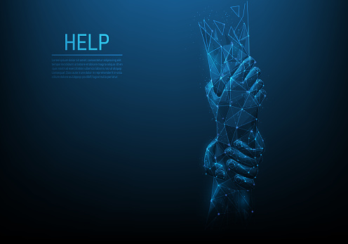 hand help low poly wireframe isolated blue dark background. two human with lines and dots. business teamwork and partners. support and hope concept. vector illustration futuristic technology digital.