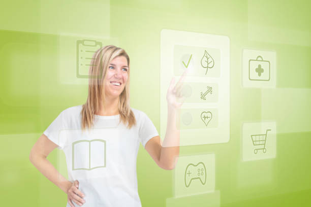 Young woman clicks on the hologram healthy and selects eco