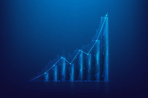 geschäftswachstum aktie technologie. digital graph chart erhöht low-poly-wireframe. strategieerreichung. neuer plan und vision zum erfolg. vektorillustration fantastisch digital. return on investment. - finance technology growth chart stock-grafiken, -clipart, -cartoons und -symbole