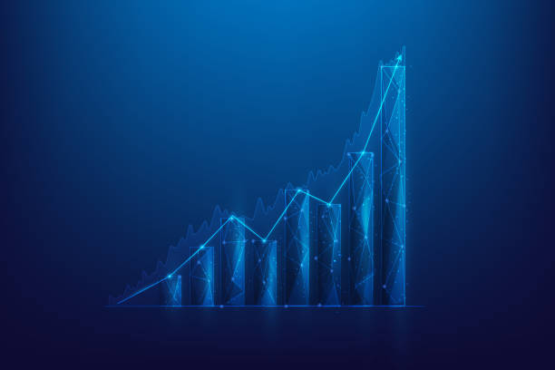 사업 성장 주식 기술. 디지털 그래프 차트는 낮은 폴리 와이어프레임을 증가시킵니다. 전략 성과. 성공에 대한 새로운 계획과 비전. 벡터 일러스트 레이 션 환상적인 디지털. 투자 수익. - finance technology growth chart stock illustrations